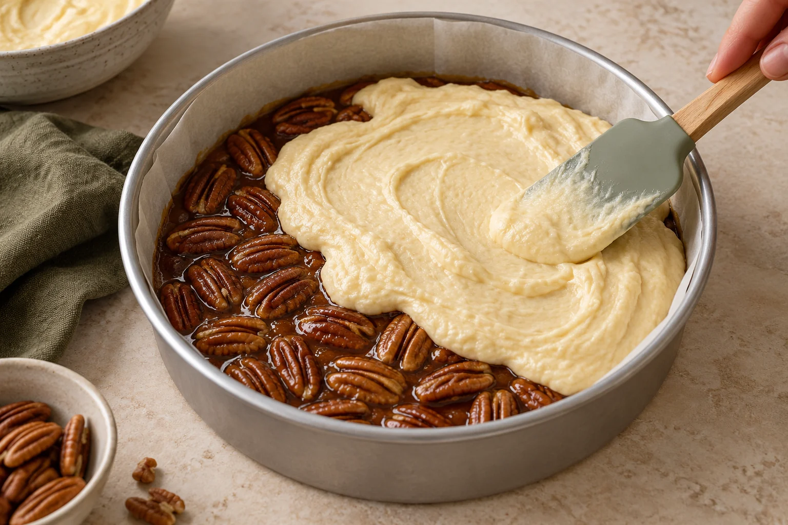 Vanilla cake batter spread over maple pecan topping in a round cake pan