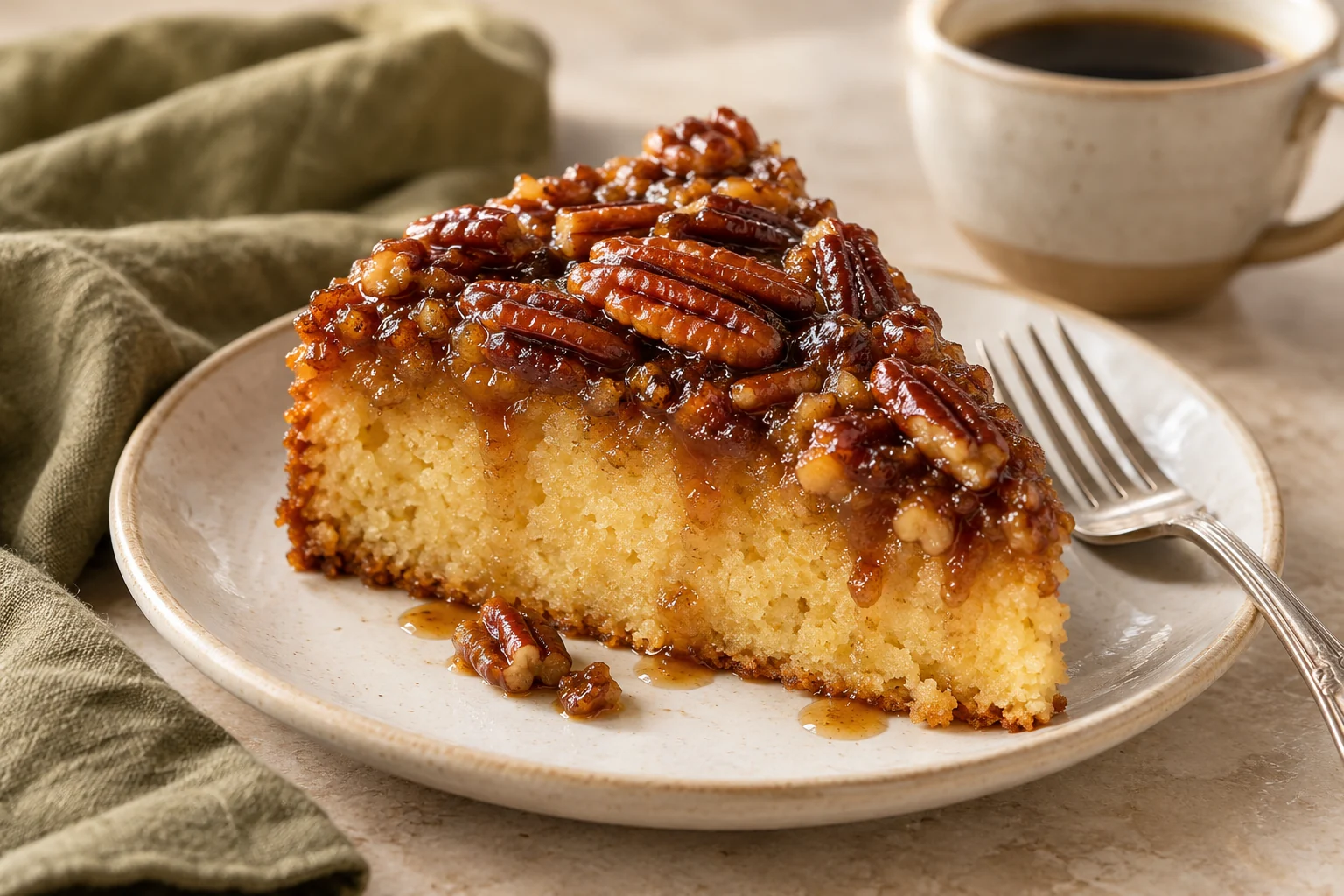 Slice of Pecan Upside Down Cake with glossy maple pecan topping beside coffee