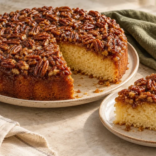 Pecan Upside Down Cake with a glossy pecan topping and a slice showing its golden crumb