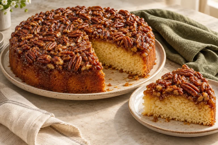 Pecan Upside Down Cake with a glossy pecan topping and a slice showing its golden crumb